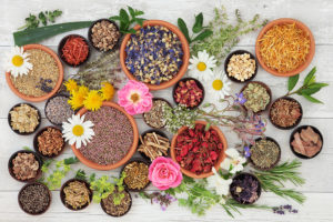 Large medicinal herb and flower selection used in natural alternative medicine over distressed wooden background.